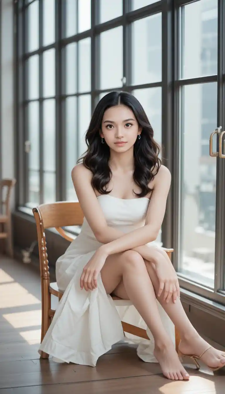 Young woman in white dress by sunlit window