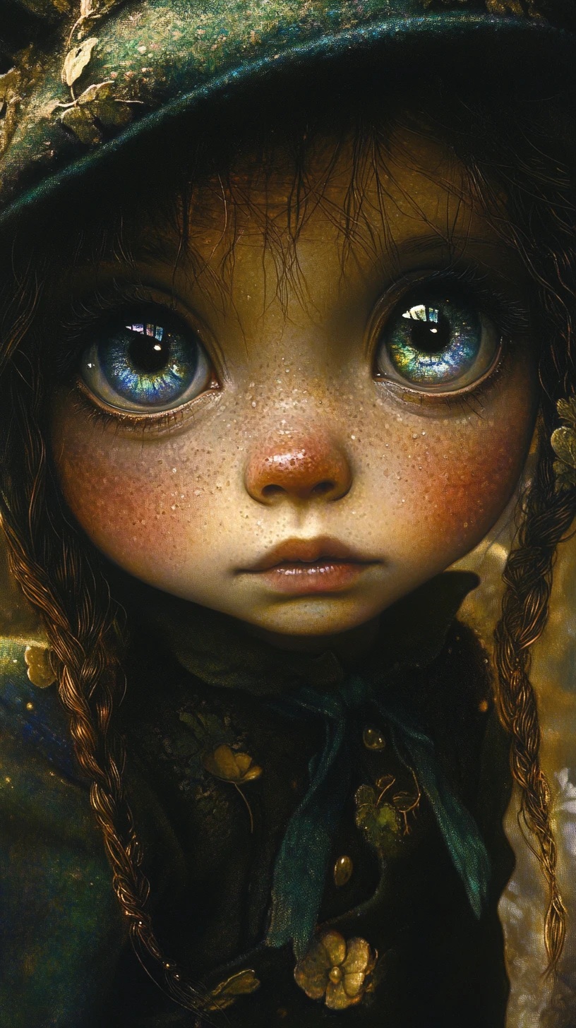Baby-Leprechaun mit schimmernden Farbverlauf-Augen in sanfter Fantasy-Kunst