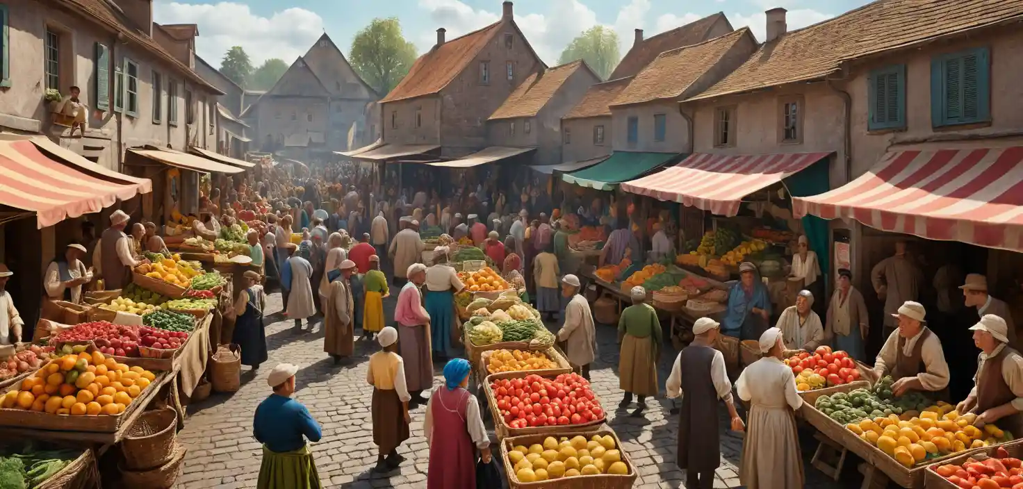 Crowded village street market filled with colorful produce