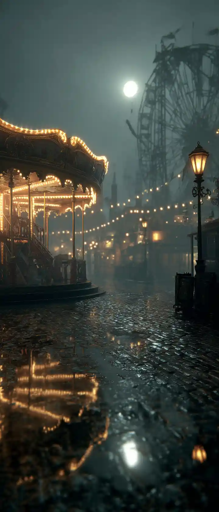 Misty Moonlit Steampunk Fairground On Wet Cobblestone Streets