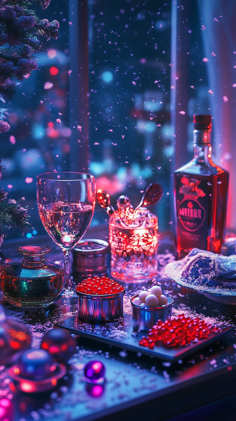 Rooftop New Year table with caviar and festive drinks