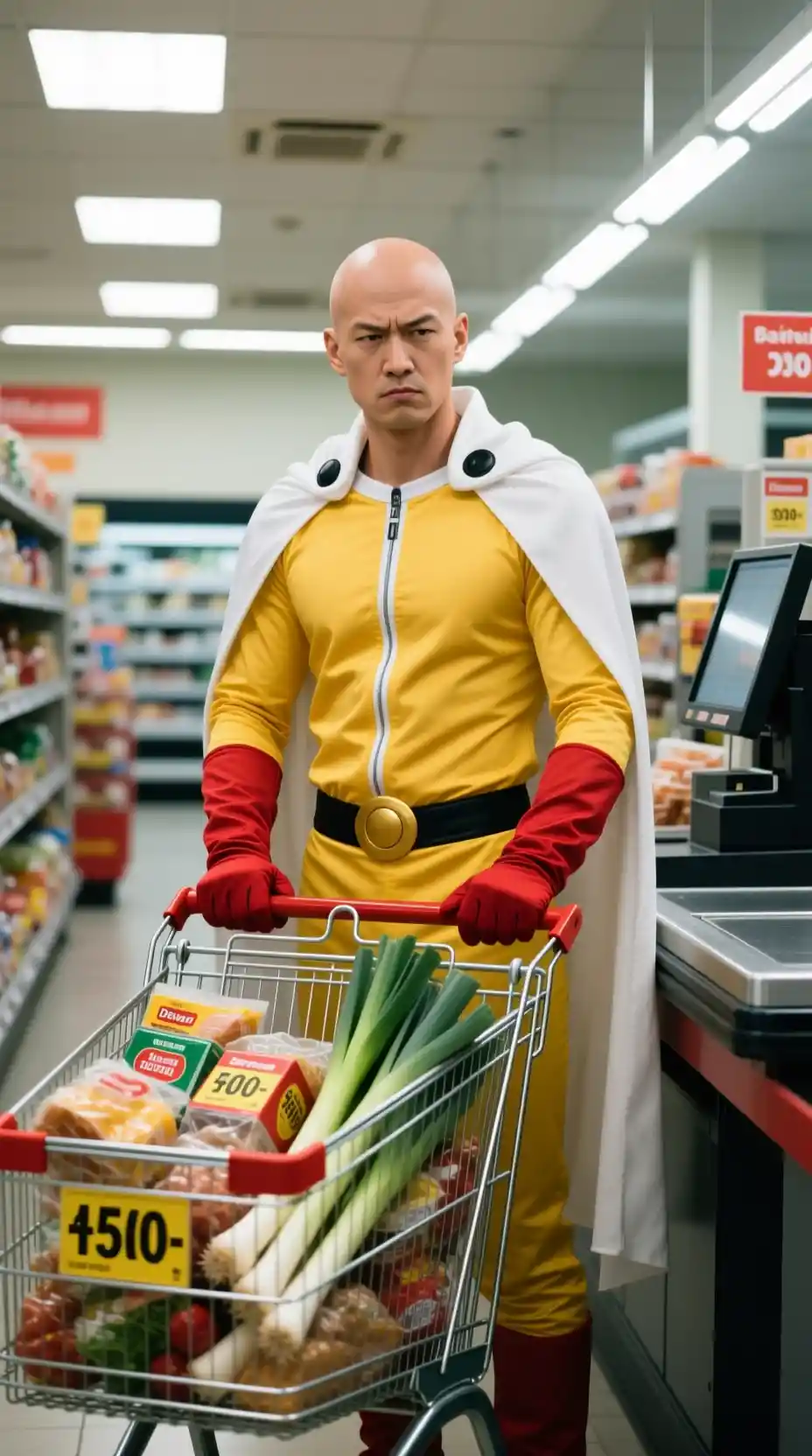 Bald Man In Supermarket Checkout Wearing Yellow Hero Costume