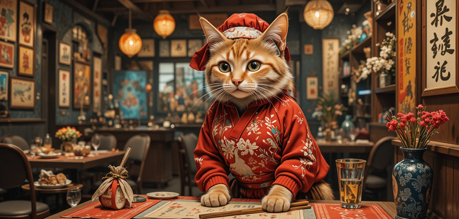Sushi chef cat in red sweater decorating a cozy christmas tree