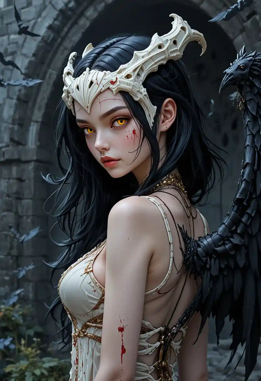 廃墟に立つ骨の冠を戴いた黒翼のアニメ女性