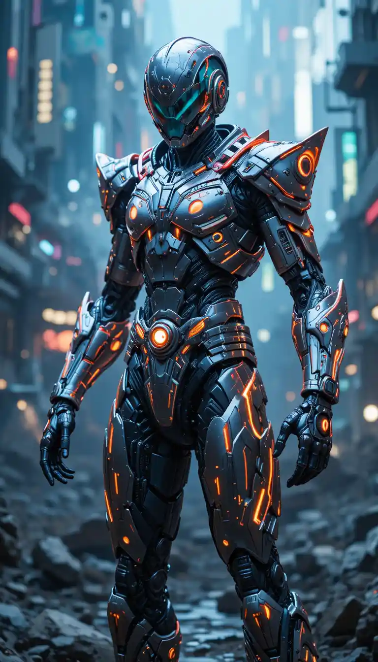 Futuristic armored warrior in dynamic sci fi battle pose