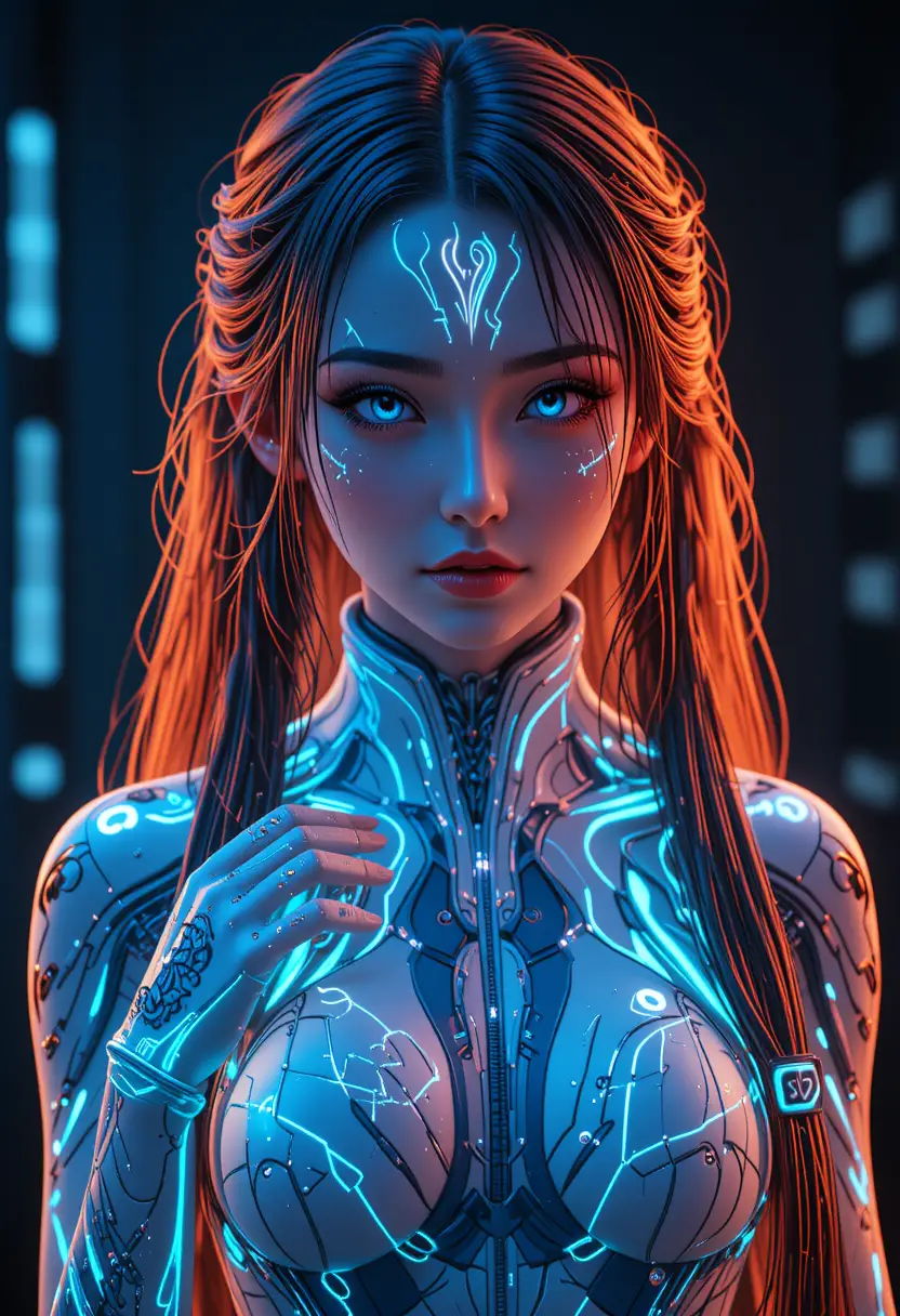 Cyan braided sci fi woman glowing in the dark