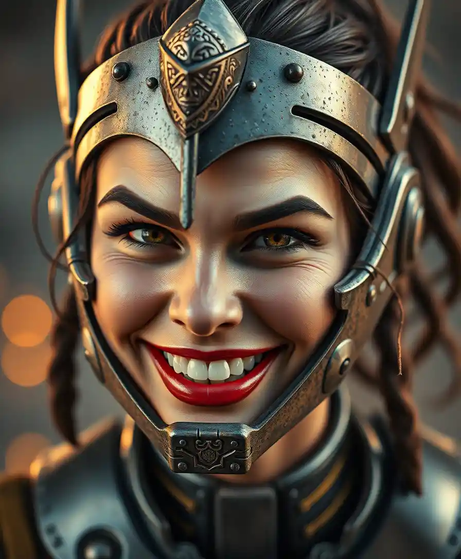 Smiling woman in a playful popsurrealism fantasy portrait