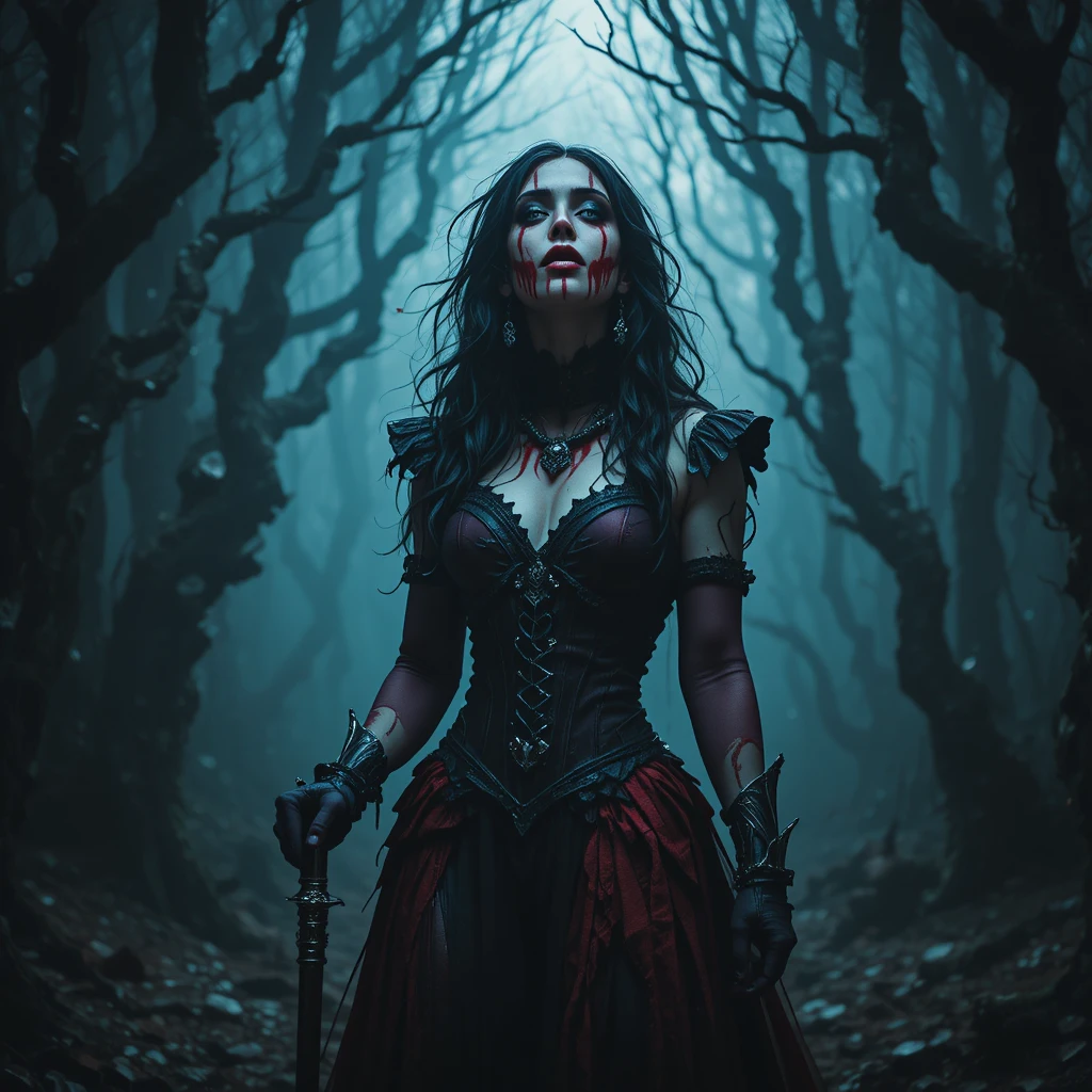 Gothic woman with lies painted face in dark forest