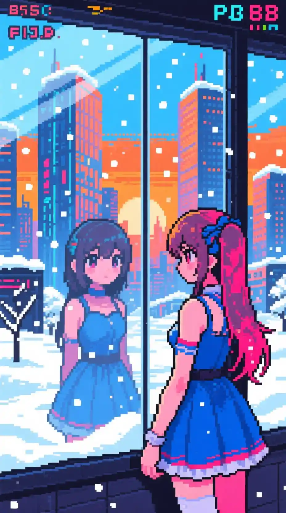 Pixel art cityscape with snow and reflective anime girl