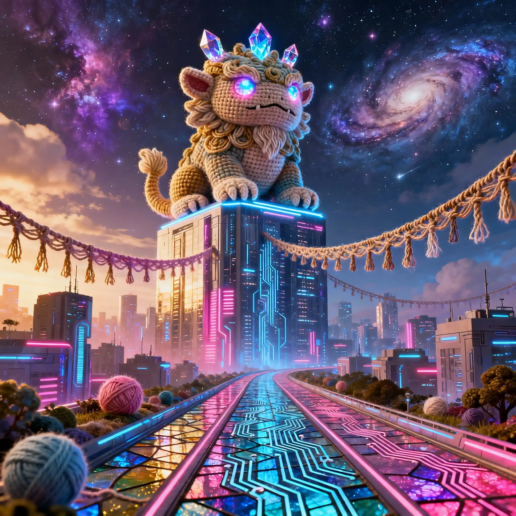 Ancient Yarn Guardian Overlooking Futuristic Cyberpunk City
