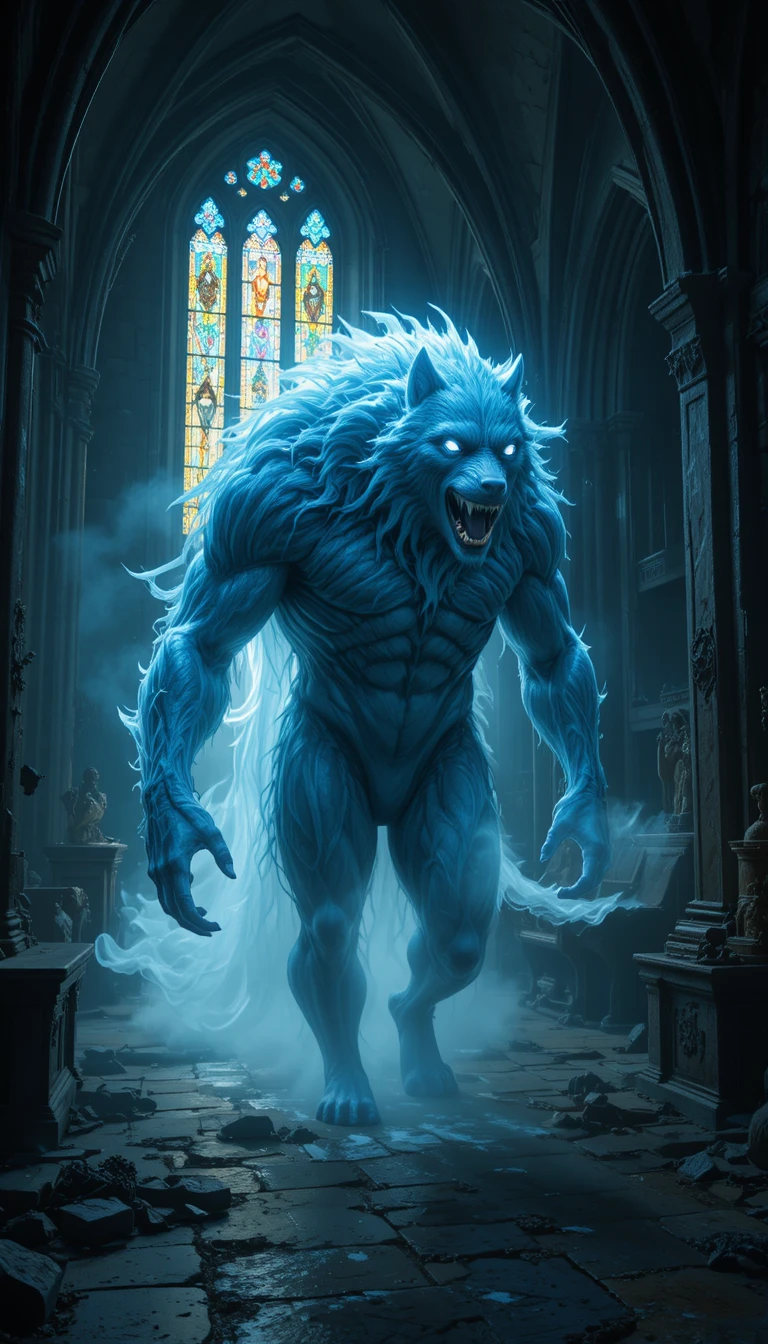 Loup fantomatique errant dans un ancien château gothique