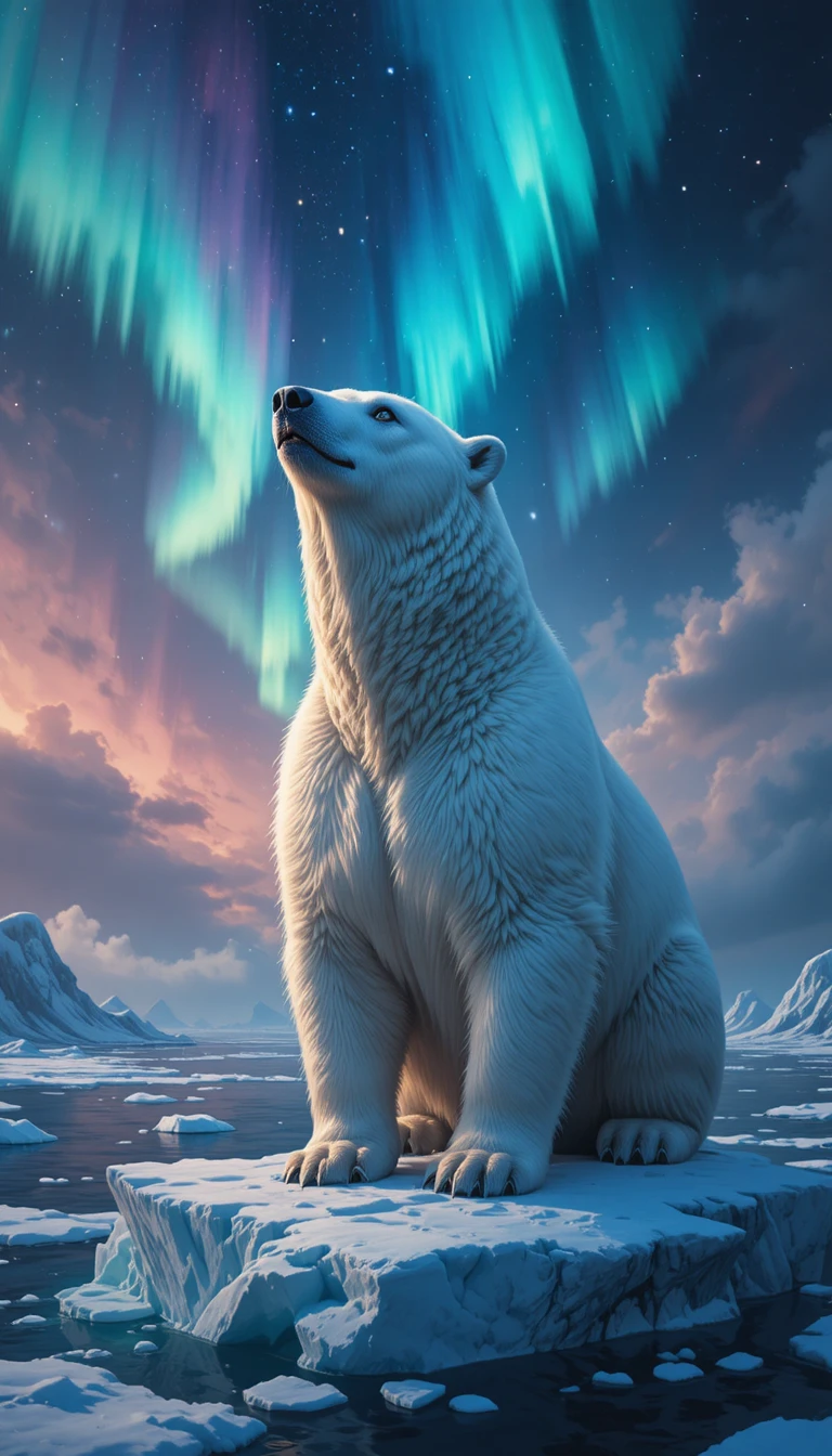 Eisbär auf Eisberg unter leuchtendem Polarlicht-Himmel