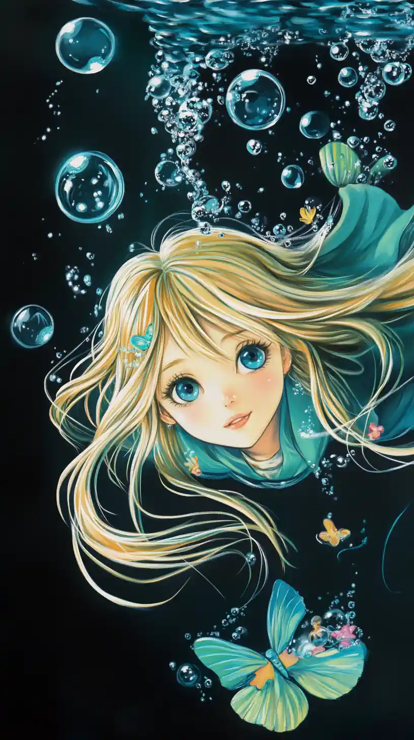 Chica de fantasía con cabello fluido como agua en escena submarina oscura