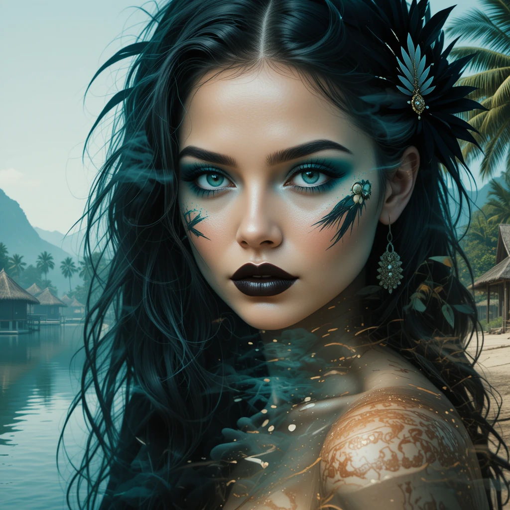 Ritratto in doppia esposizione di donna con paesaggio di fiume tropicale