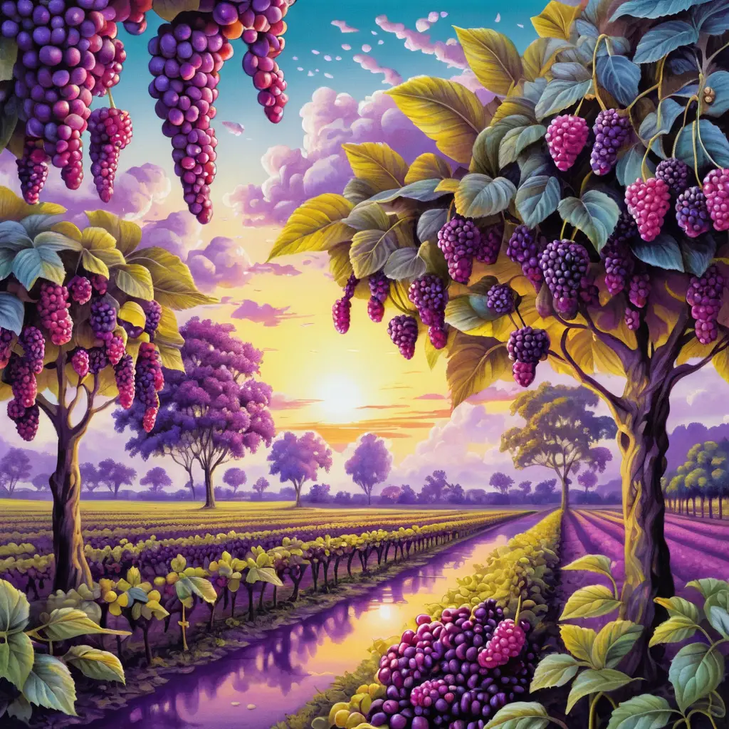 Surreal sunrise plantation in purple and yellow dreamscape