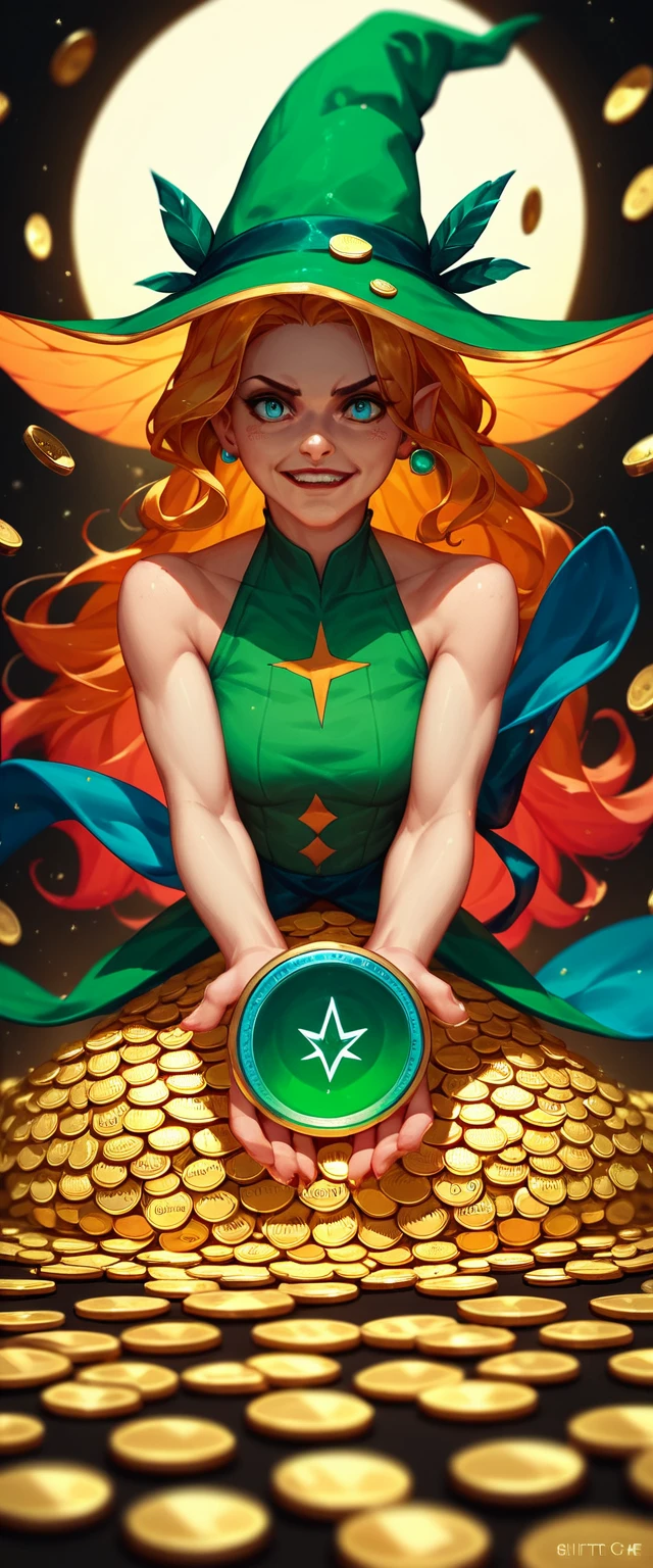 Cheerful fortune fairy surrounded by gold coins and clovers