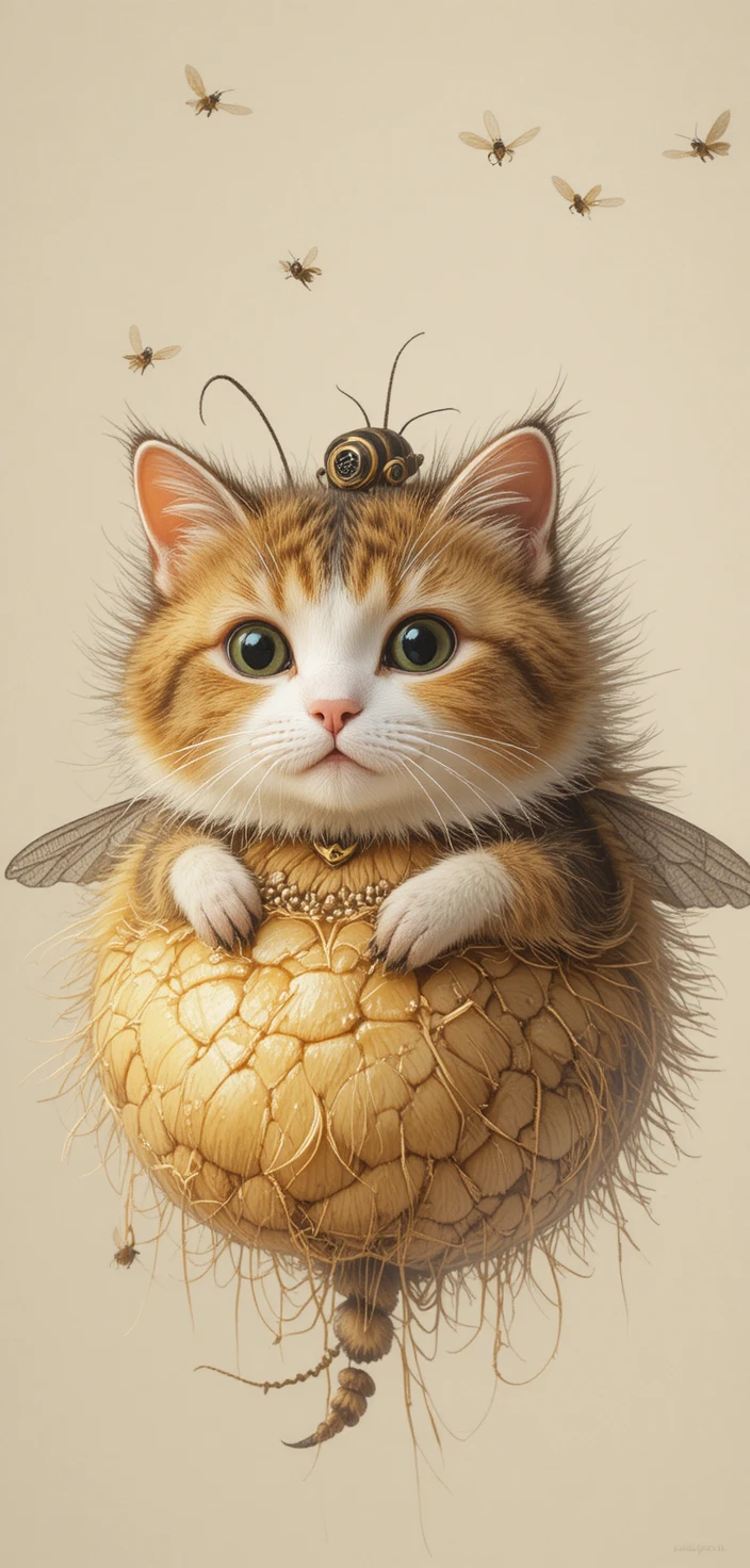 Ilustração adorável em 3D de personagem híbrido de gato fofinho e abelha
