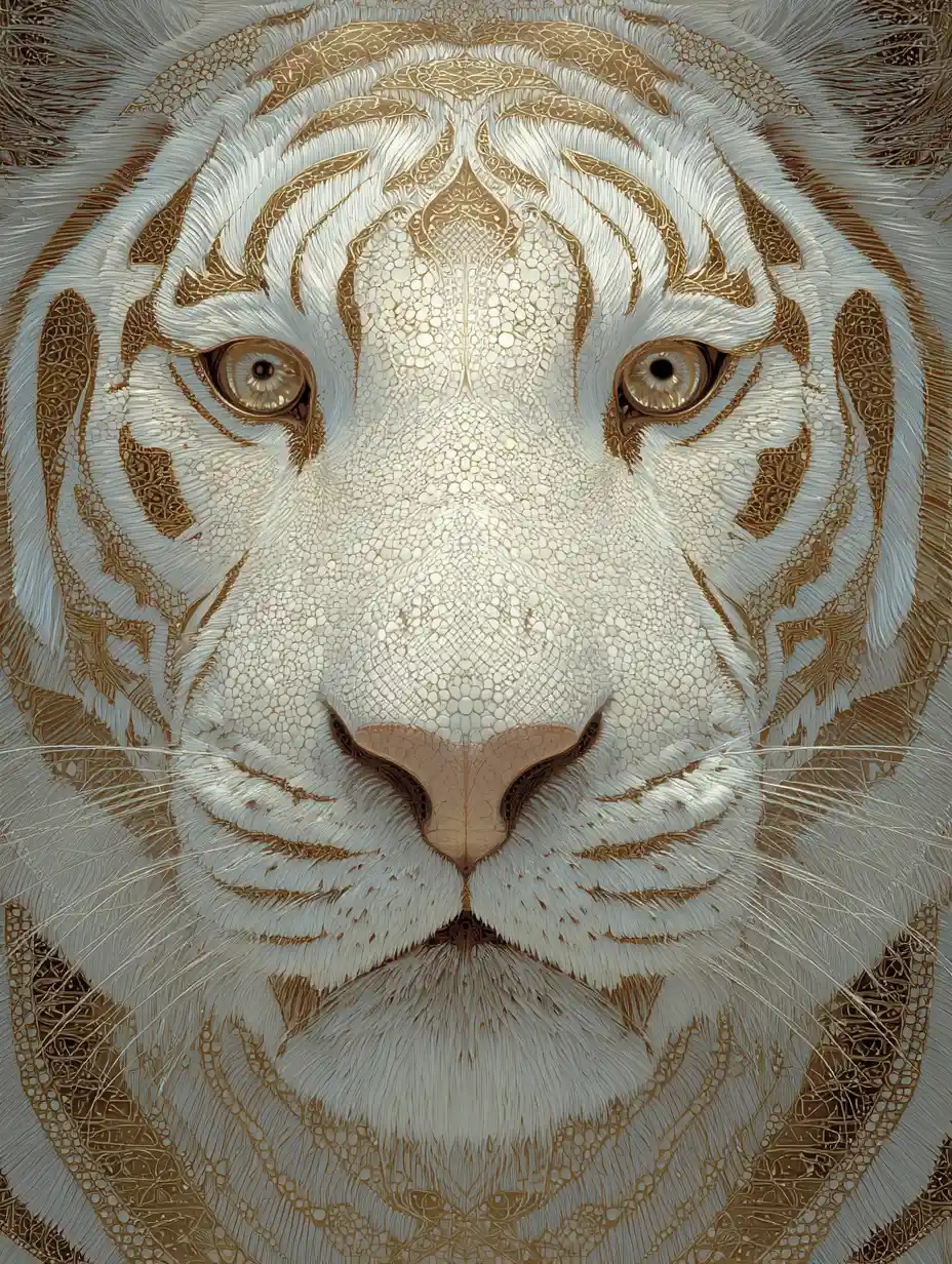 Golden tiger covered in diamonds in white jungle