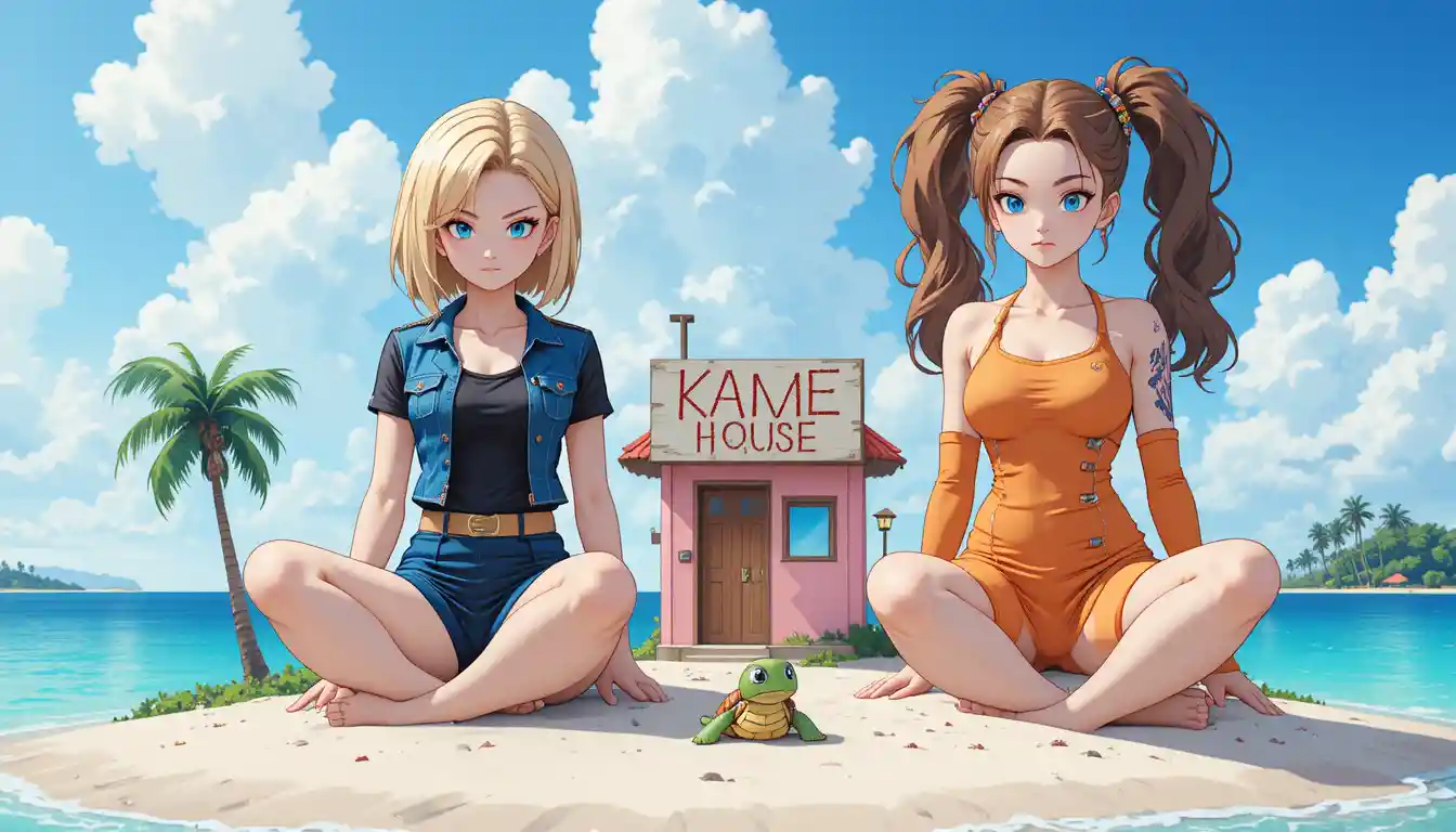 Zwei riesige Anime-Frauen auf einer winzigen Tropeninsel