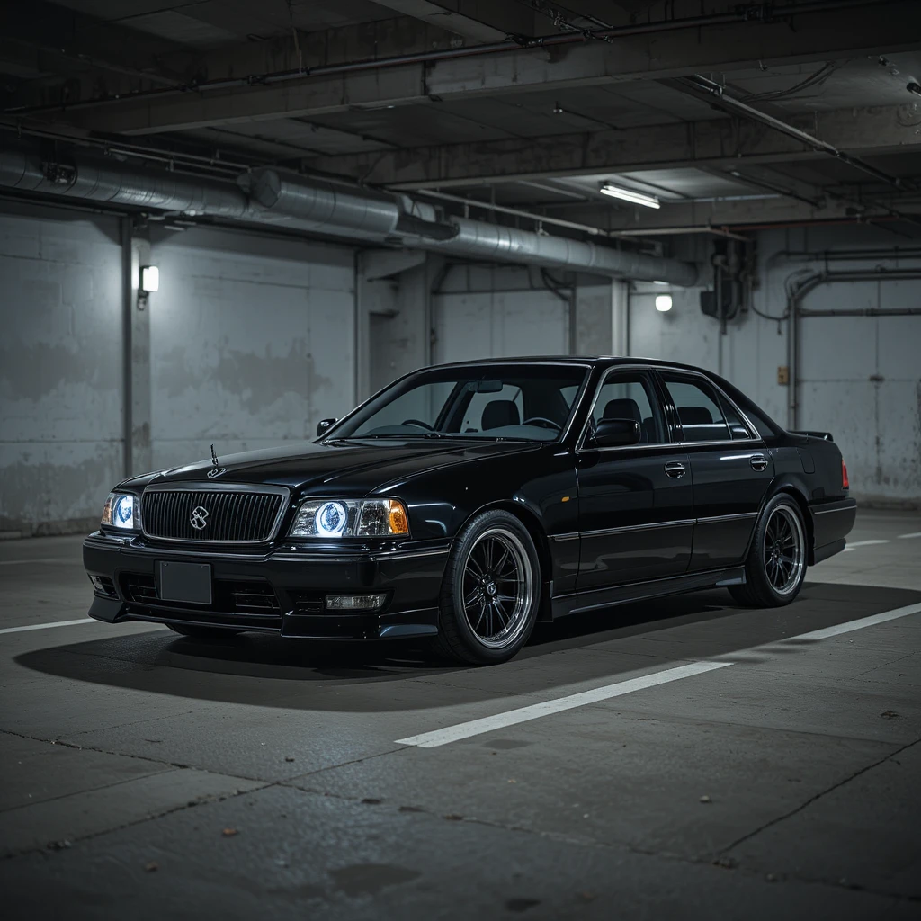 Black car parked in a dim basement parking garage