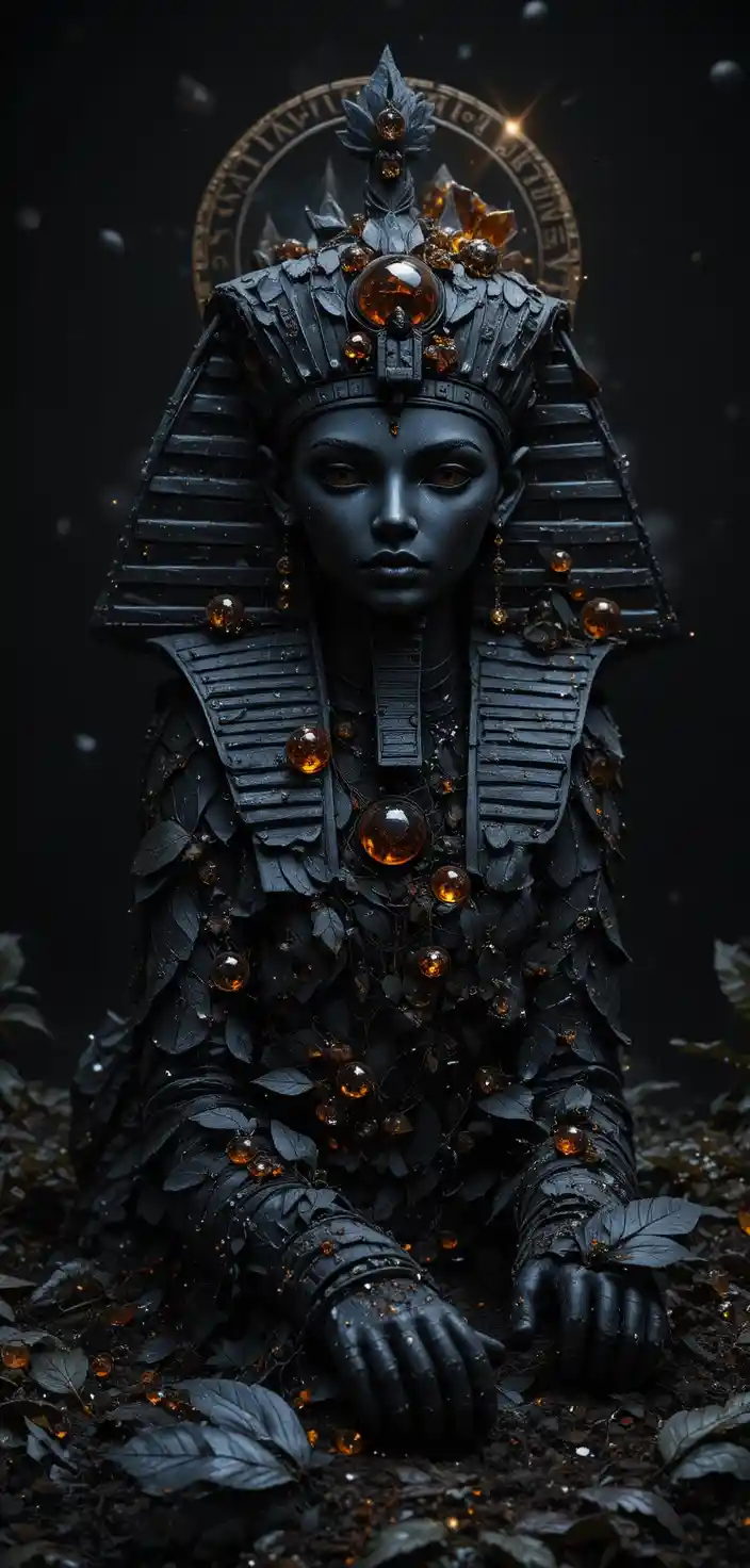 Dark sphinx of leaves beneath a looming black planet