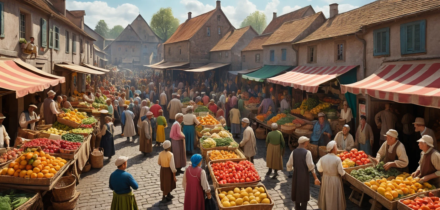 Crowded village street market filled with colorful produce