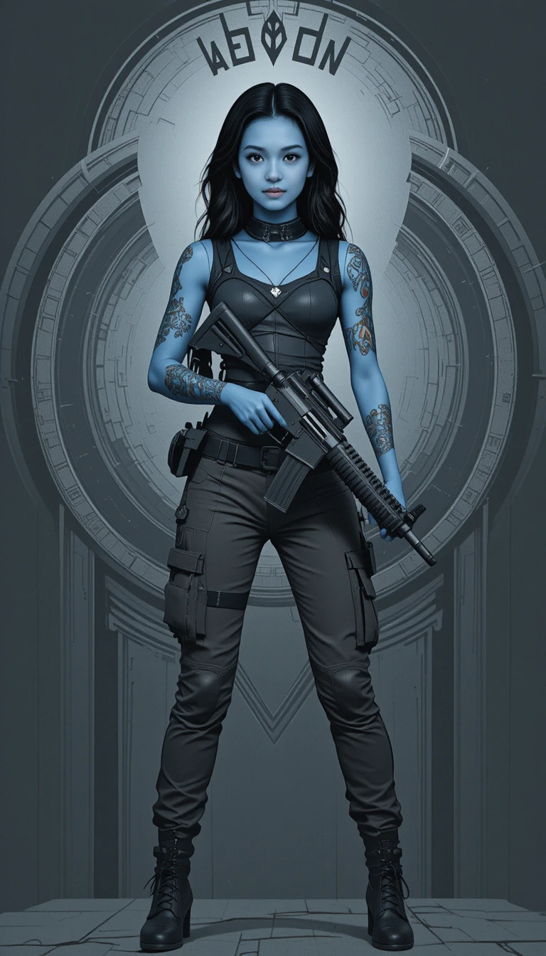 Futuristic blue skinned woman with rifle in circular backdrop