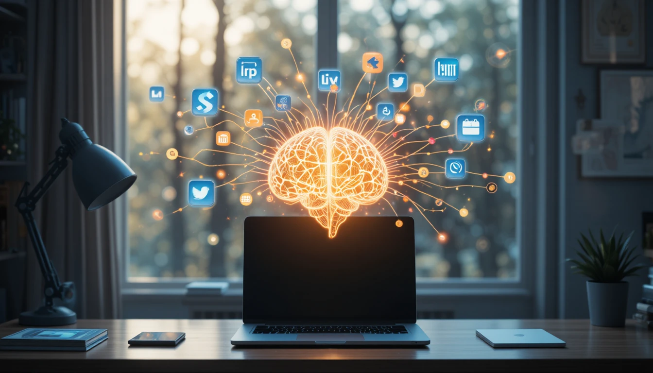 Cinematic home office desk with glowing digital brain network