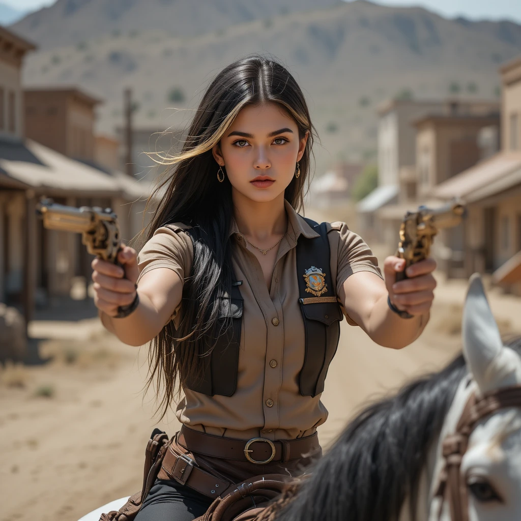 Armed deputy woman on horseback in a dusty western town