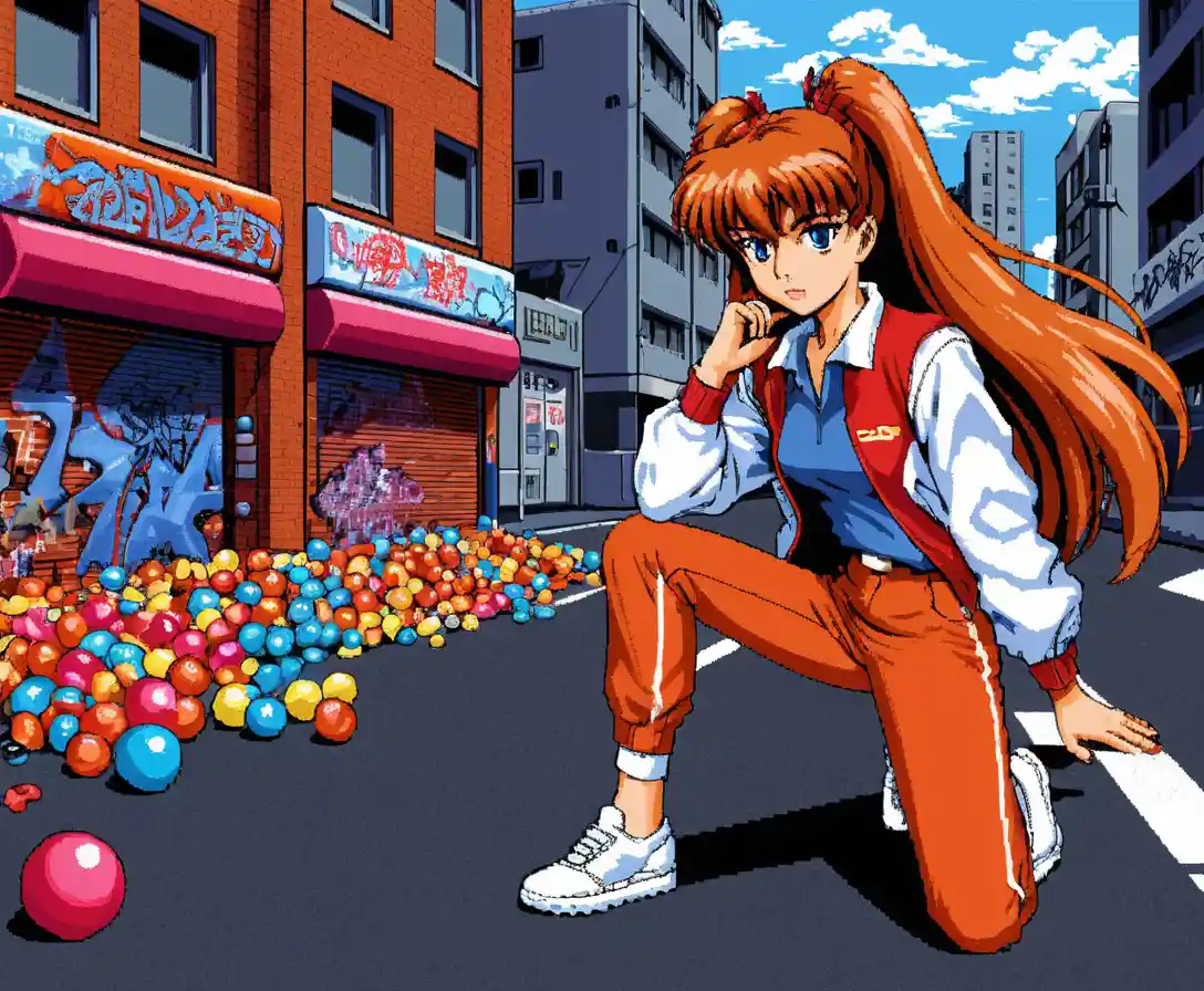 Retro pixel art anime girl tagging graffiti on city street