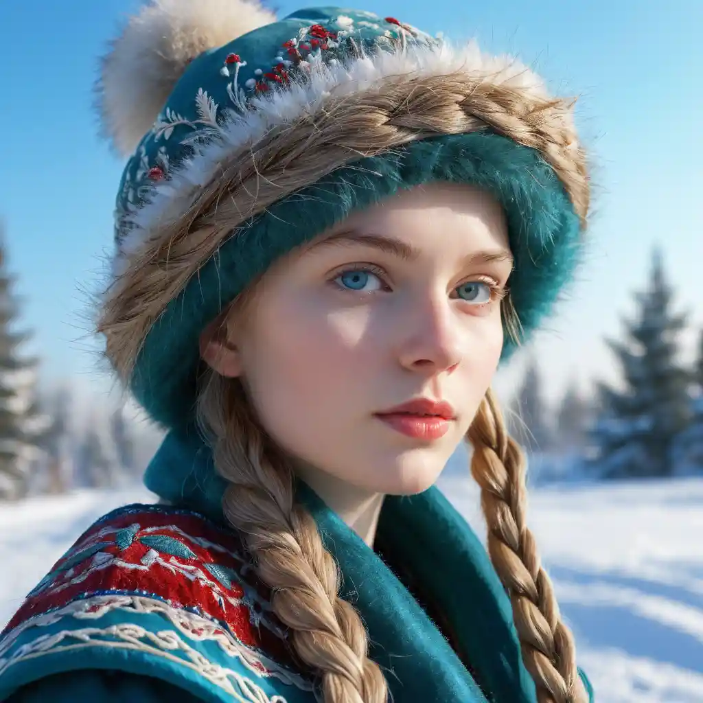 Sad blue eyed girl under a snowy winter pine tree