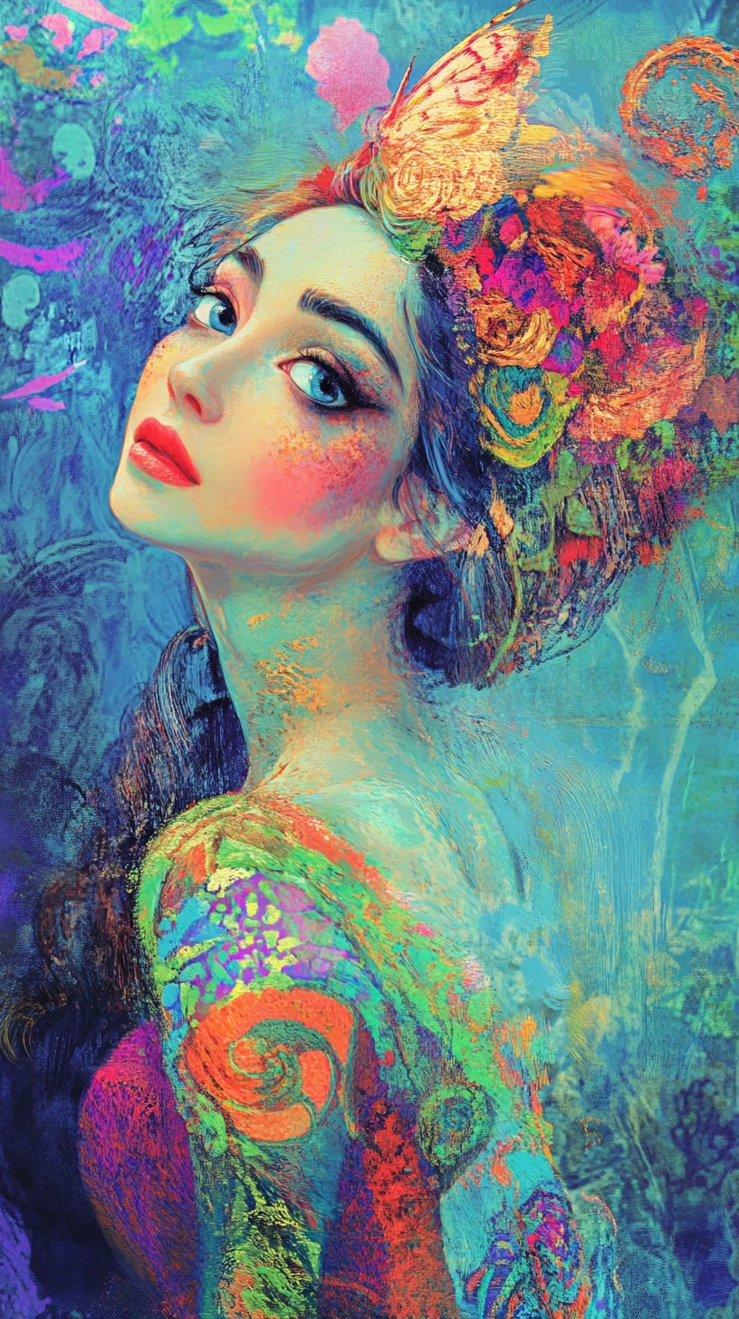 Contemplative woman with floral background and vivid body art