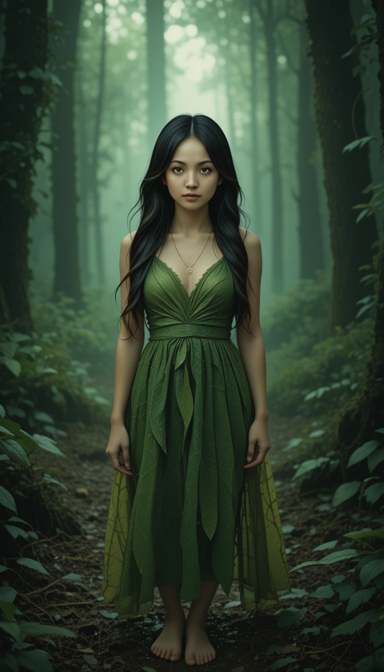 Barefoot green haired woman in a misty dark forest