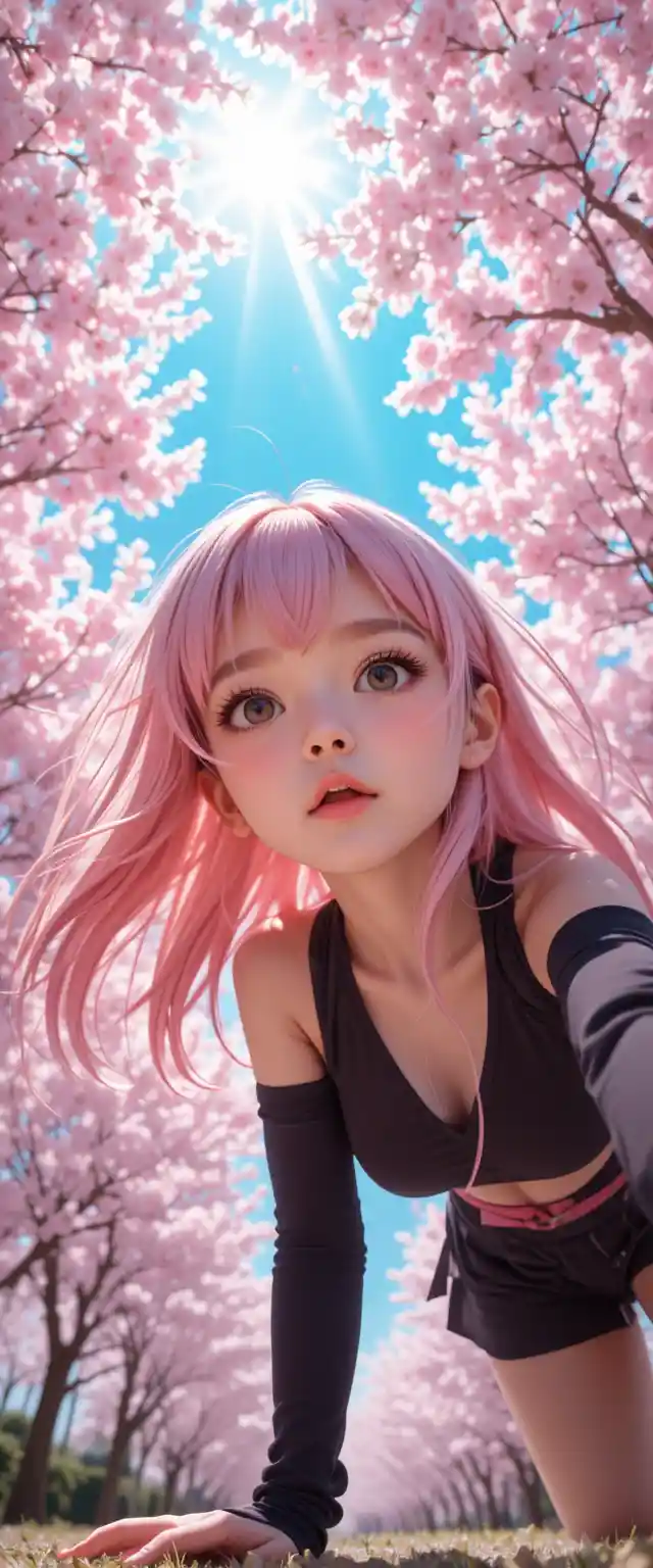Garota de anime inclinando-se sobre a câmera sob um céu de flores de cerejeira