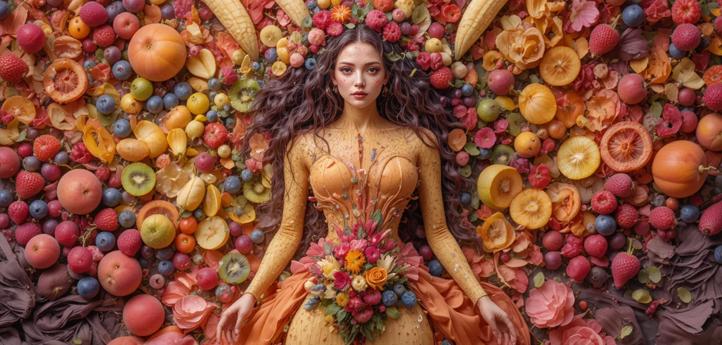Donna surreale plasmata da frutti estivi maturi e bacche