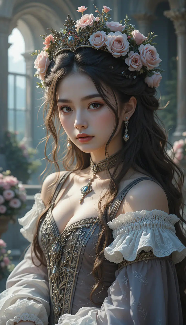 Baroque fantasy princess portrait in soft anime illustration