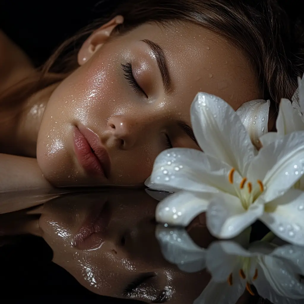 Romantic close up portrait of woman with white lilies