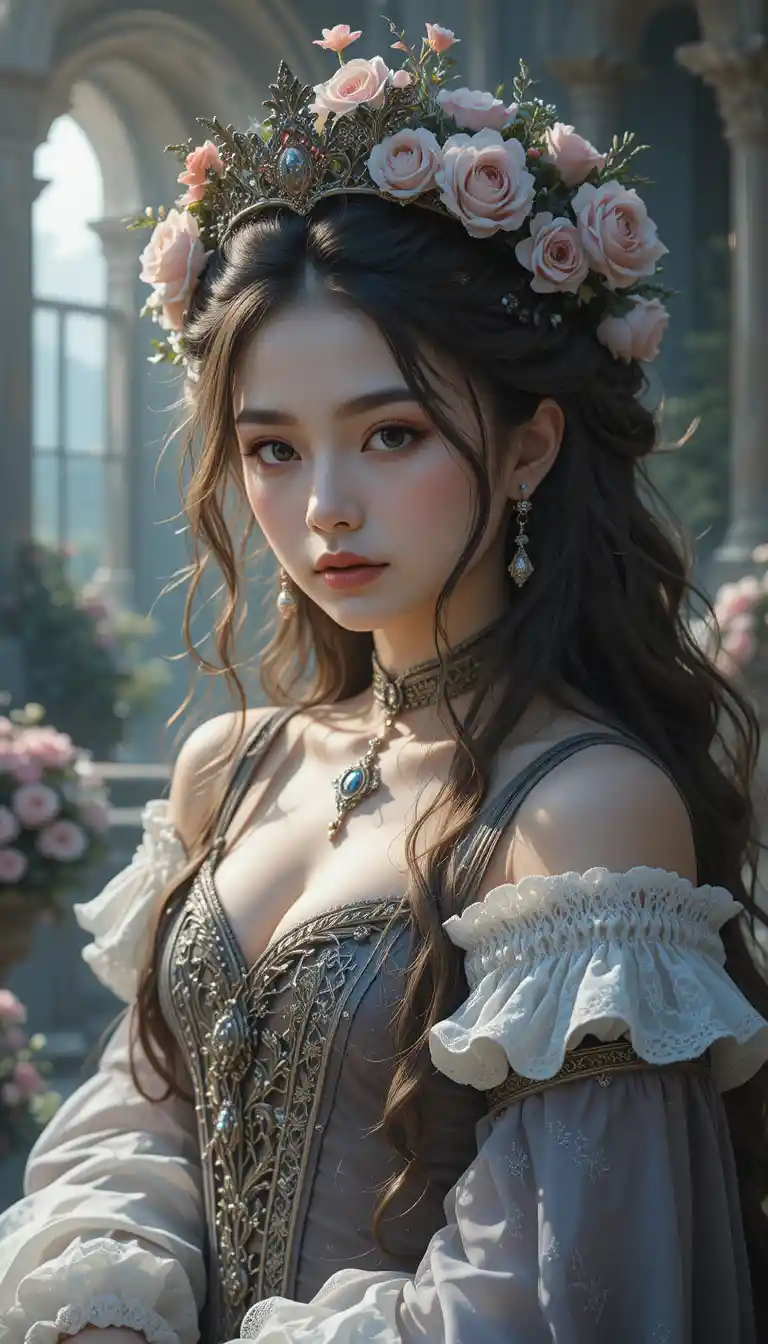 Baroque fantasy princess portrait in soft anime illustration