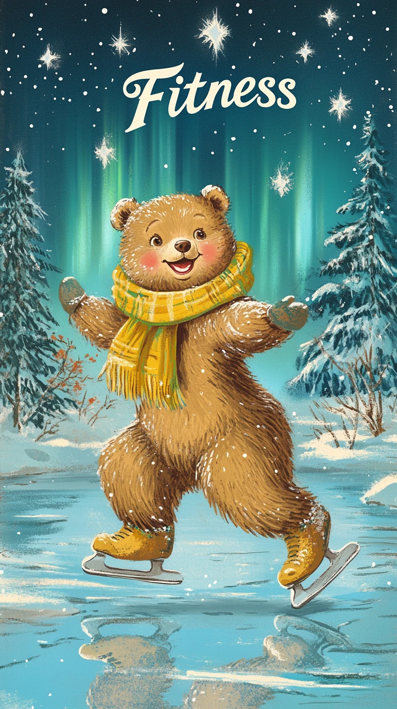 Ours Souriant en Patins sous les Aurores Boréales – Scène de Noël