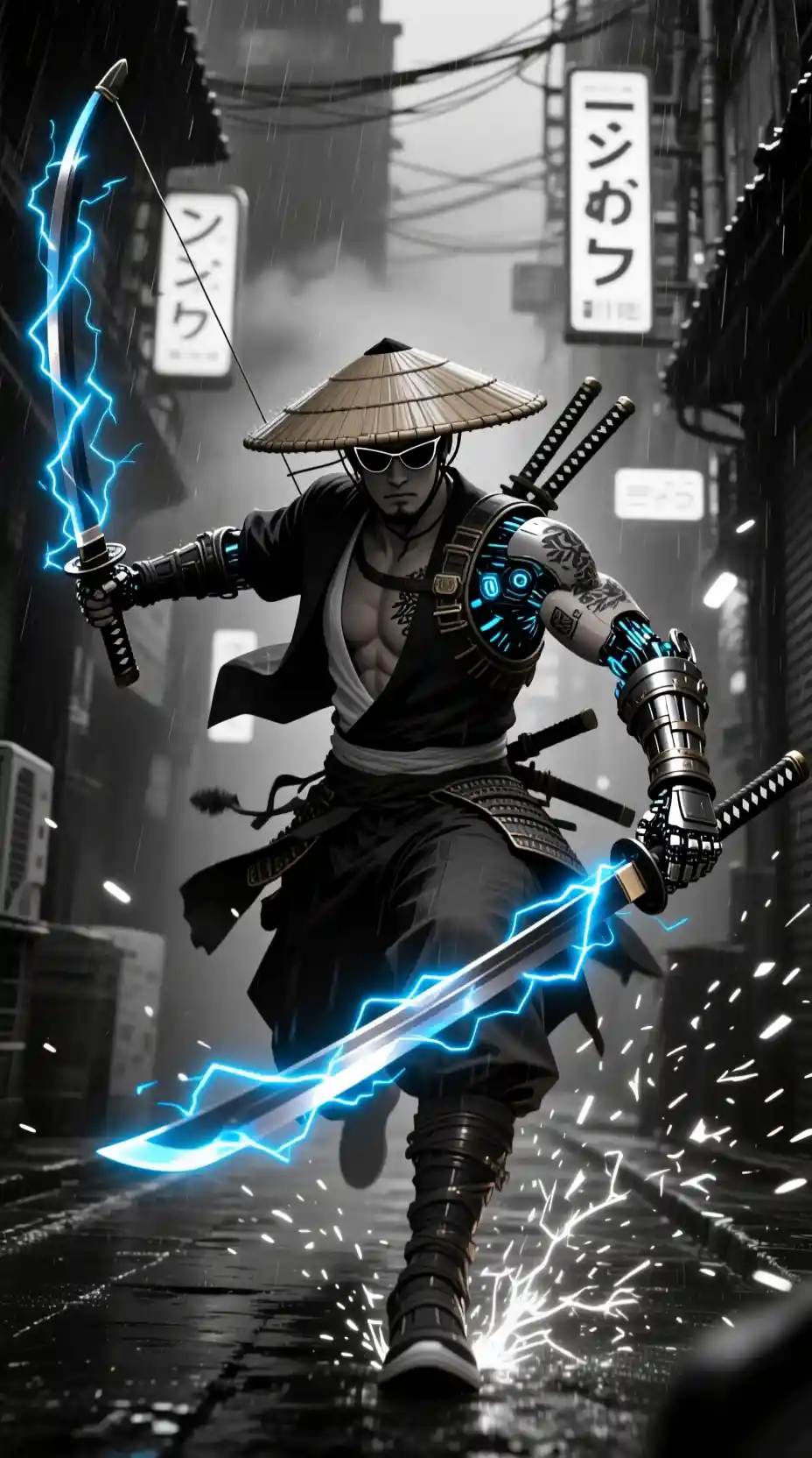 Cyber samurai archer lunging through neon lit rainy alley