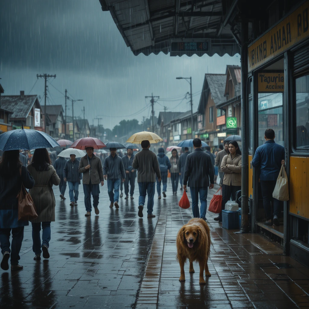 Cane solitario che trema alla fermata dell’autobus sotto la pioggia
