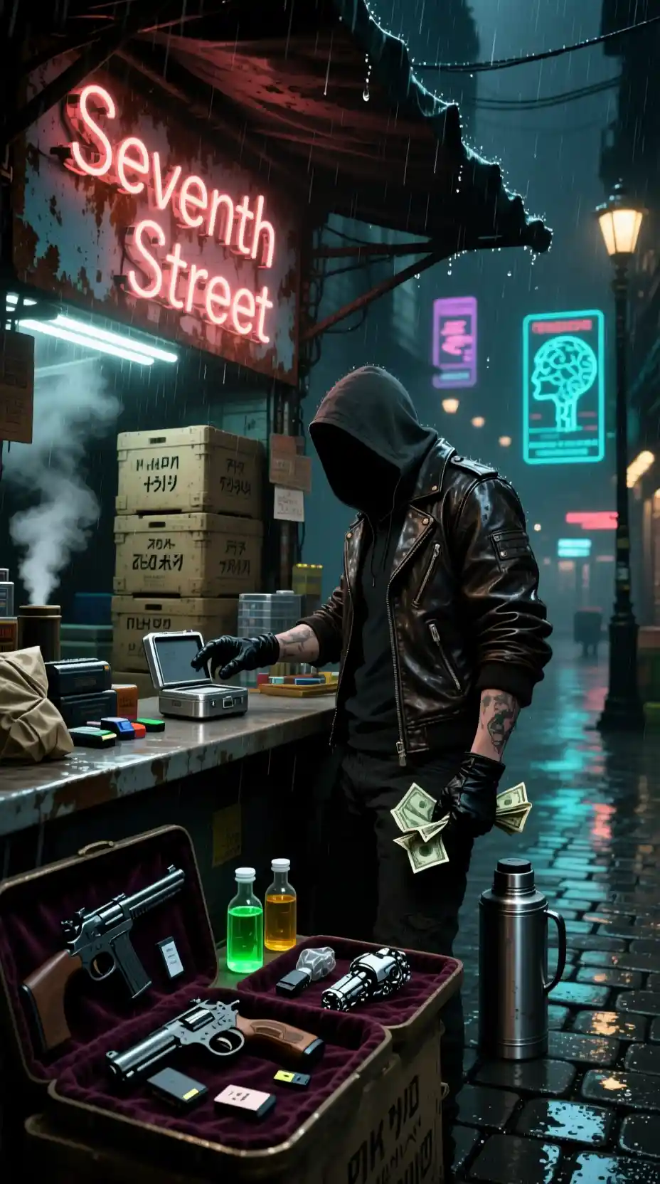Shadowy black market deal in a rainy neon lit alley