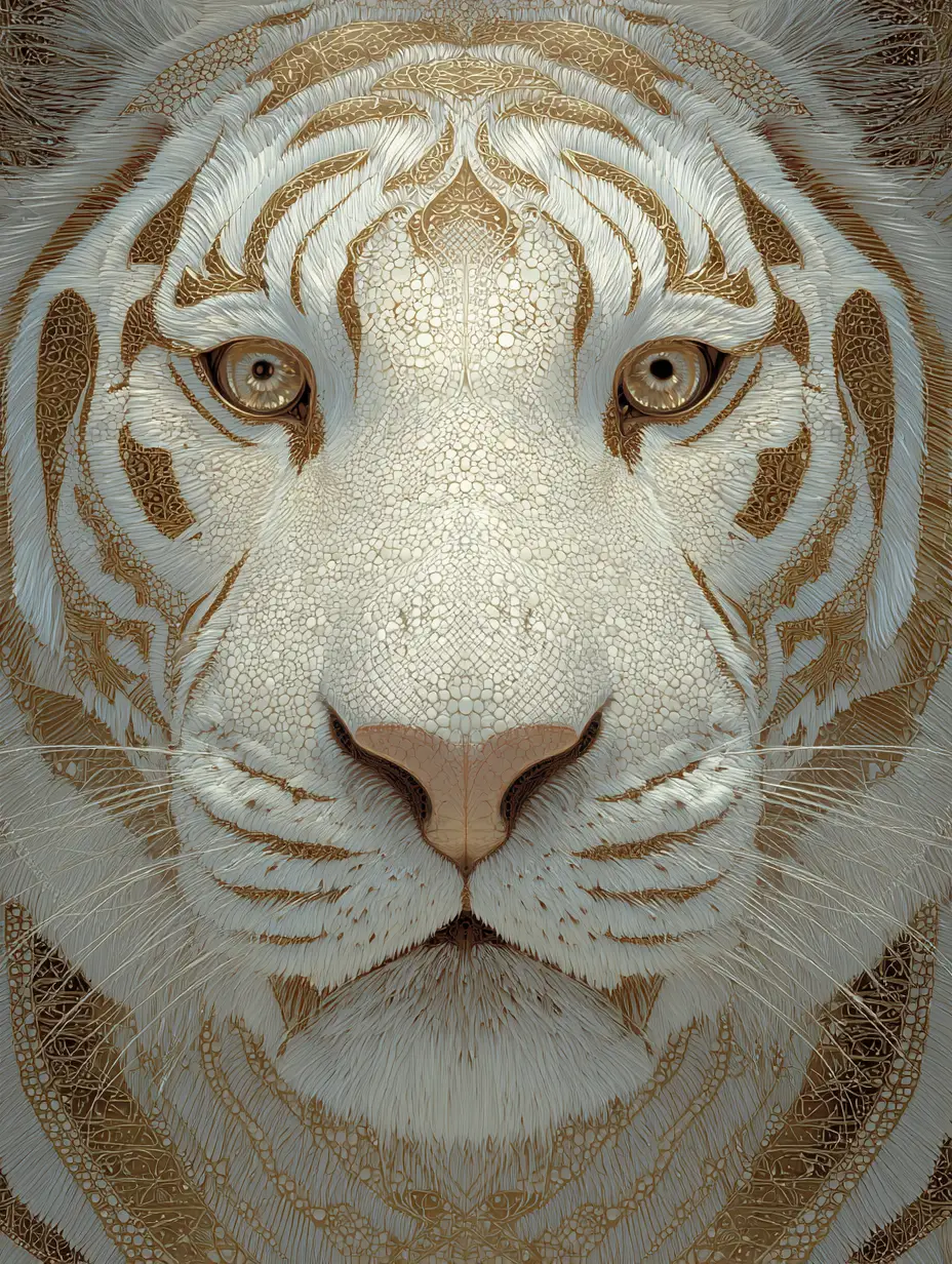 Golden tiger covered in diamonds in white jungle