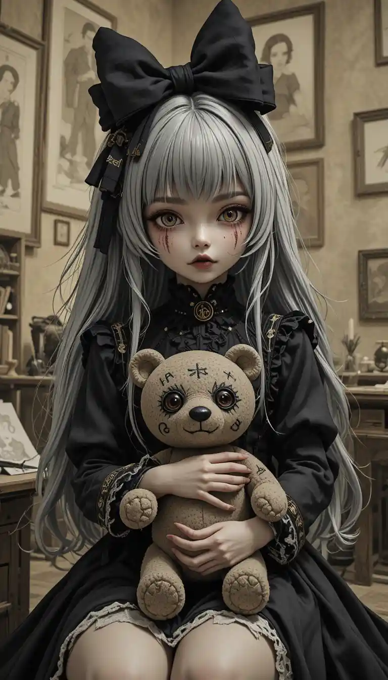 Ragazza bambola di pezza anime con orso voodoo in studio vintage