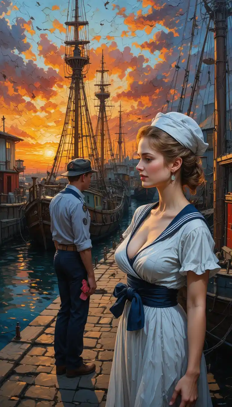 Busty woman sailor disembarking at an old harbor sunset