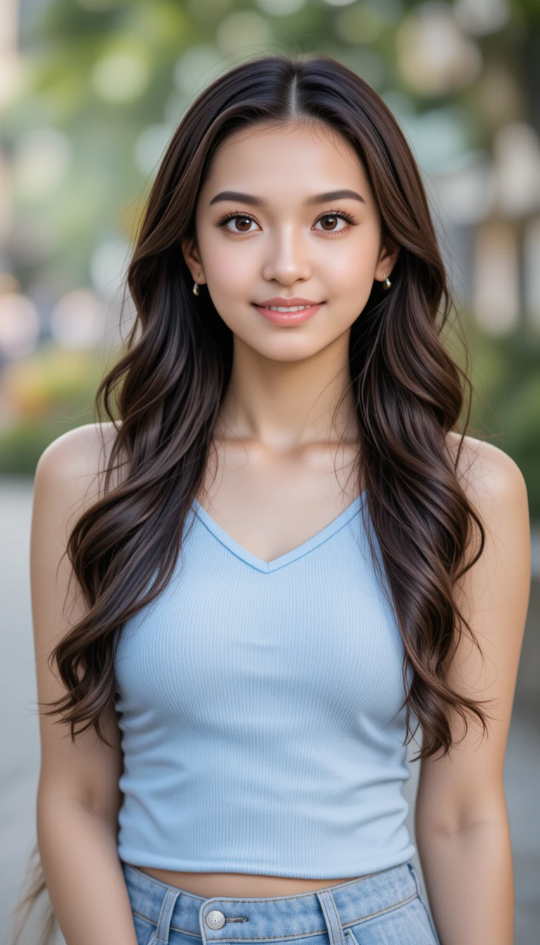 Smiling young woman in light blue top outdoors