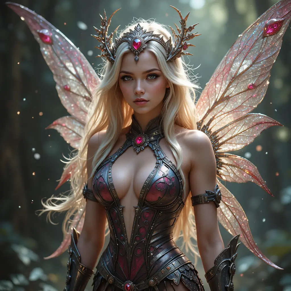 Tiny warrior fairy woman with glittering wings and armor