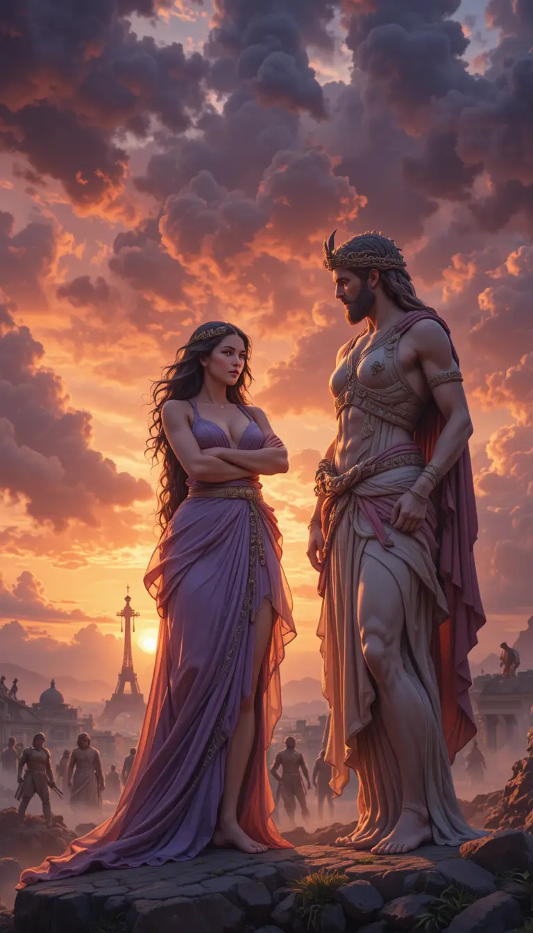 Two goddesses arguing beneath a fiery sunset sky