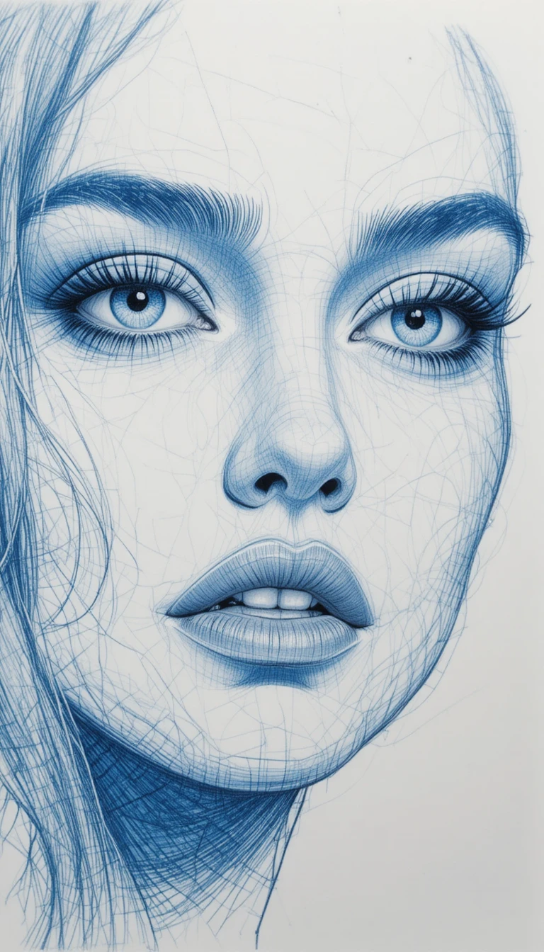 Blue and white pencil portrait close up of a woman