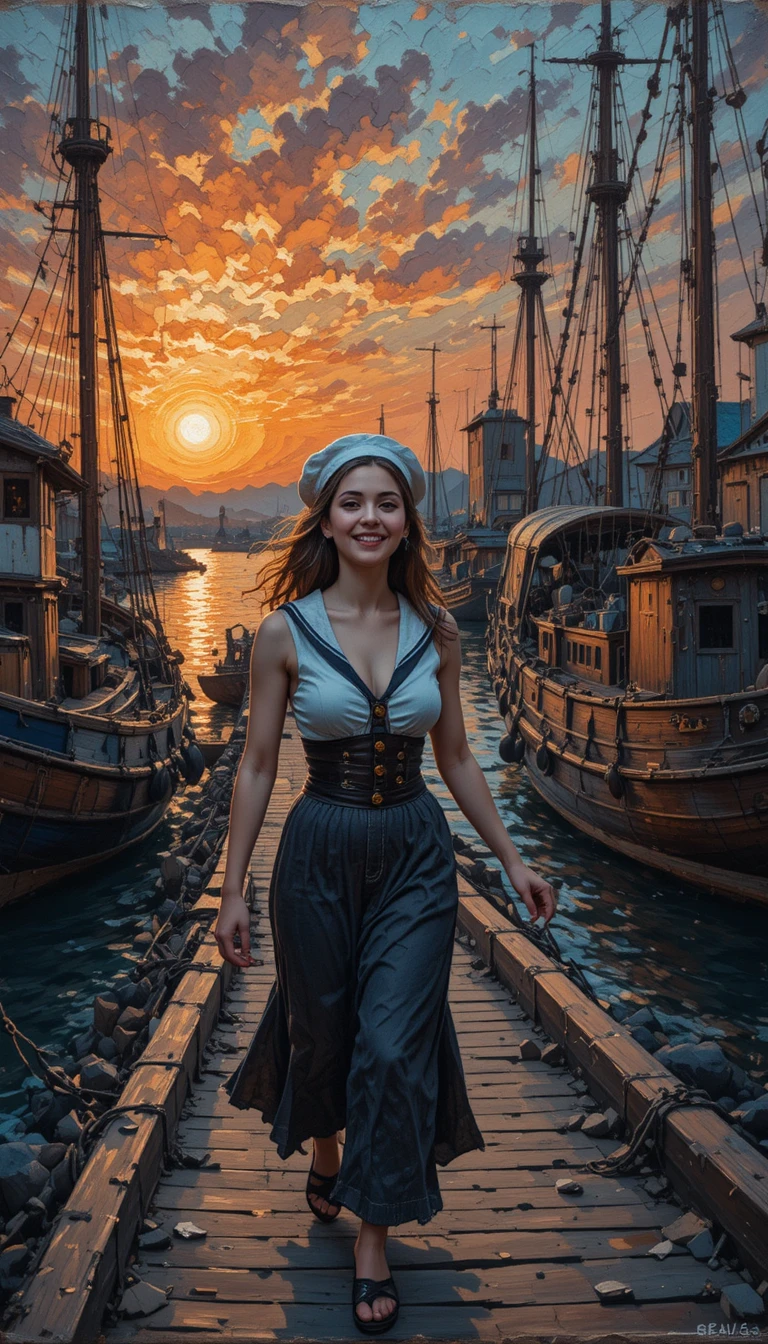 Woman sailor laughing at an old harbor at sunset